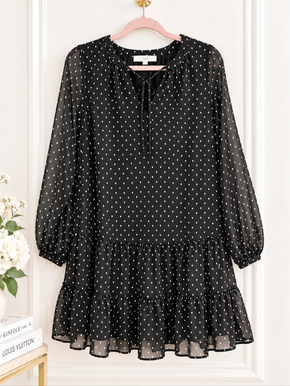 LOFT Black Swiss Dot Tiered Dress | Sheer Sleeve | Romantic Mini | Size Small - Picture 5 of 9